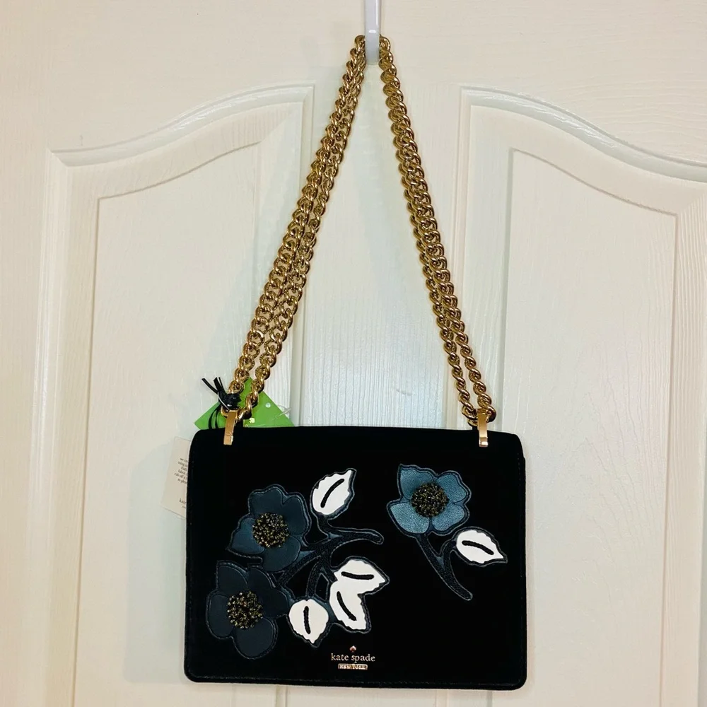 NEW! Kate Spade Cameron St Floral Embellish Marci Black Velvet Bag